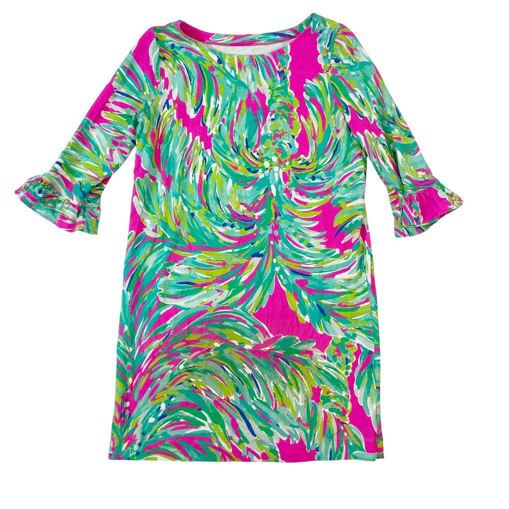Lilly Pulitzer Girls L (8-10) Sophie Dress Pink Green Ruffle Sleeve Shift Floral